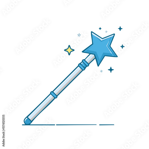 Cartoon Illustration of a Blue Star Magic Wand with Sparkling Starry Effects