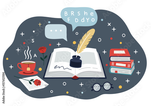 Vector illustration book, pen, and ink, celebrating world poetry day