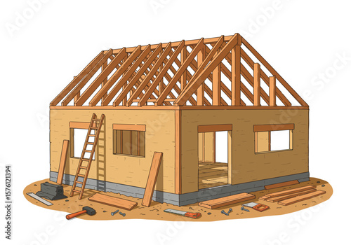 Cartoon House Under Construction with Wooden Frame and Ladder.