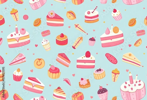Whimsical cake & pastry seamless pattern; pastel colors, playful illustrations,  cake,  fabric