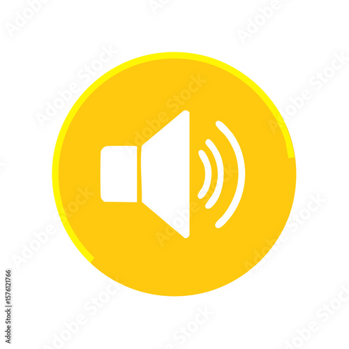 A graphic illustration of the volume speaker on a circular yellow button broadcasting radio waves and audio sounds in white with shadow effects