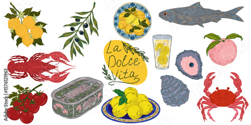 The Dolce Vita collection is a whimsical, detailed collection of colorful elements with textured outlines, inspired by the Mediterranean lifestyle. Sketchy, hand-drawn style. Set