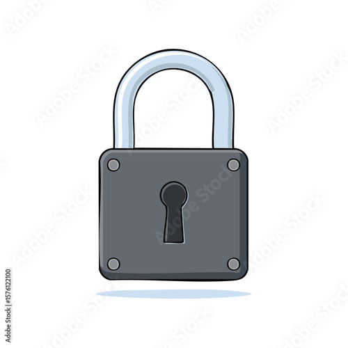 Cartoon padlock vector illustration features metal clasp, dark gray body and small shadow on a white backdrop