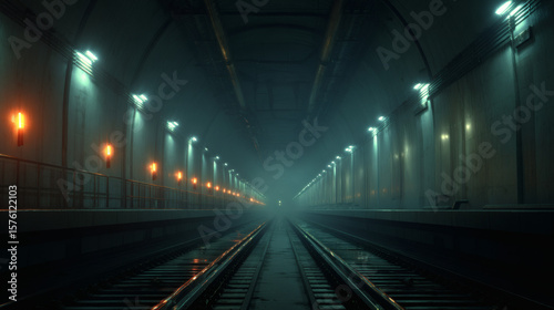 The railway tunnel stretches into the distance, disappearing into a hazy, atmospheric fog with lights lining the walls.