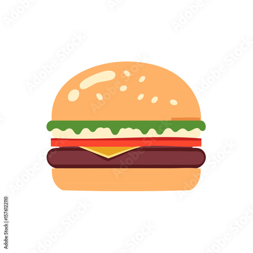 Stylized Hamburger with Cheese, Tomato, and Lettuce Isolated on White, Featuring a Sesame Seed Bun in a Simple, Flat Vector Style