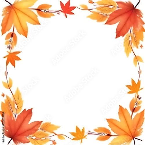 Autumnal frame with watercolor style maple leaves in shades of orange and red arranged around a white background space