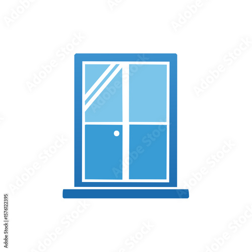 Blue Window with Reflected Glass - Minimalist Symbol of Home, Light and Perspective