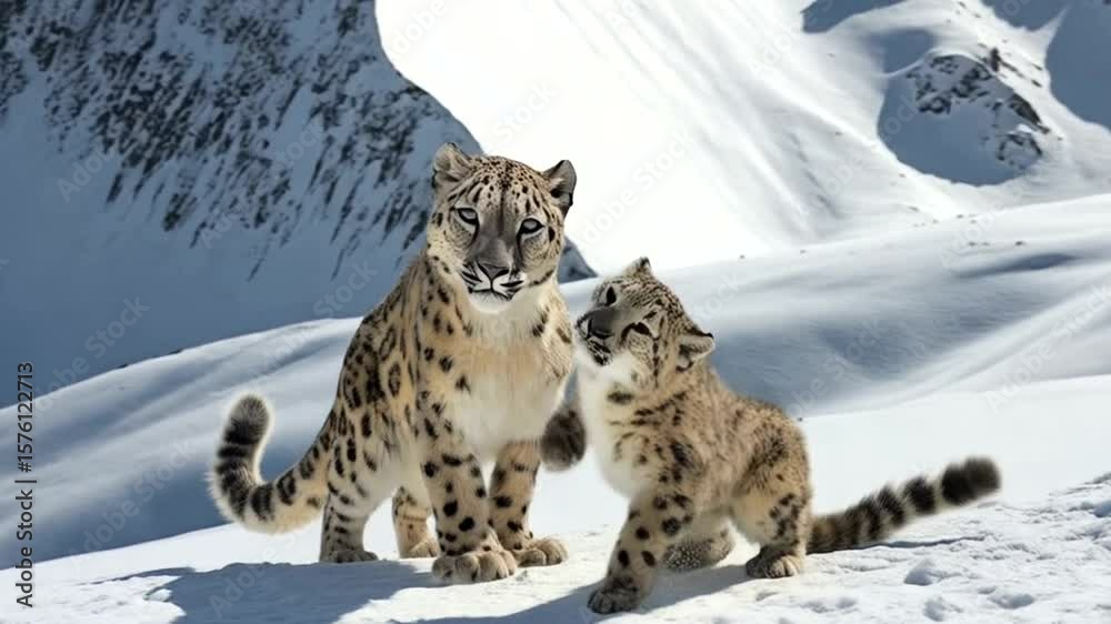 Two snow leopards on a snowy mountain slope