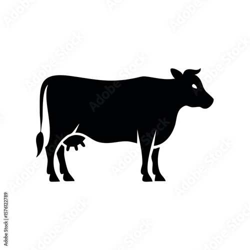 Monochrome Silhouette of Dairy Cow, Domestic Livestock, Farm Animal, Mammal