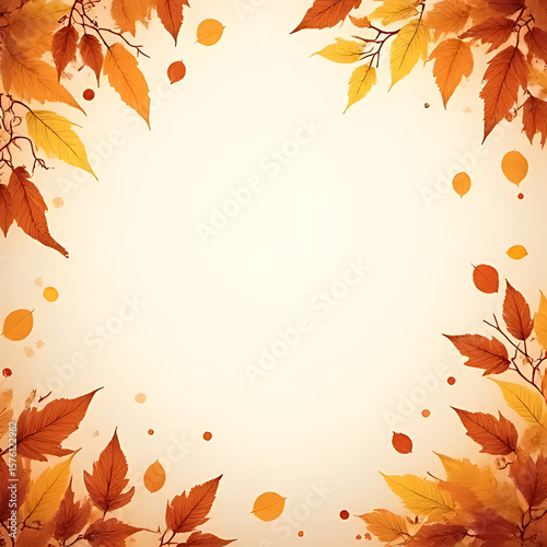 Autumnal leaf border illustration featuring orange yellow and brown leaves with branches and a light beige background