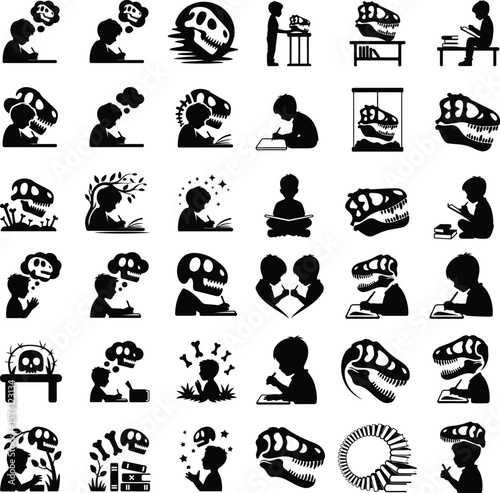 T-Rex & Raptor Skull Silhouettes – Dino Bone Head Icon Collection Dinosaur Skull Icon Silhouette – Prehistoric Fossil Vector Set