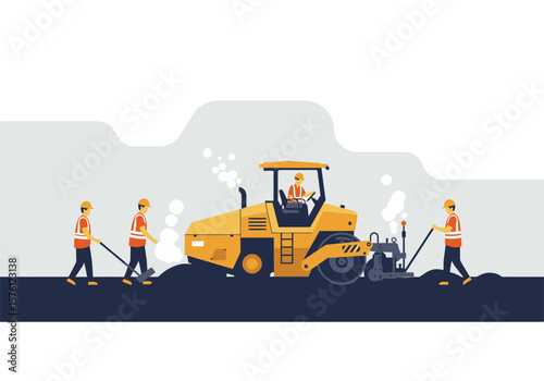 Yellow Road Roller and Workers Constructing Pavement in Vector Illustration.