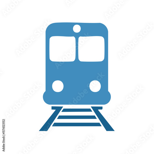 Stylized Blue Train Locomotive on Tracks Graphic Illustration, Front View