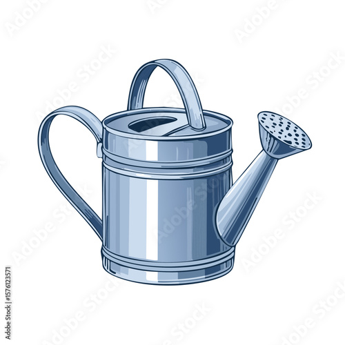Illustration of a blue metal watering can with handle and nozzle for garden use