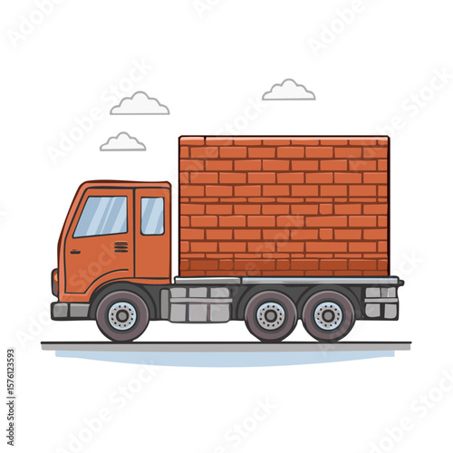 Cartoonish Orange Truck Transporting a Large Brick Load on a Grey Road With Clouds