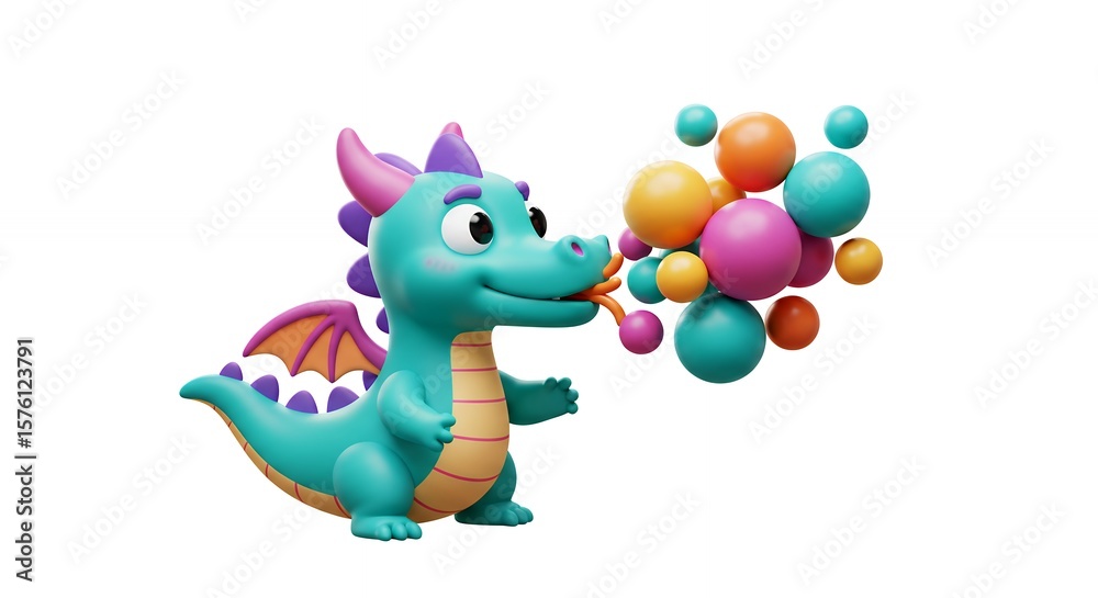 Obraz premium Cute cartoon dragon blowing bubbles