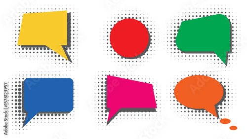 Set of colorful speech bubbles with halftone effect. Abstract shapes for message, text, phrase, quote. Dialog box. Conversational speech bubble with empty space, vector elements