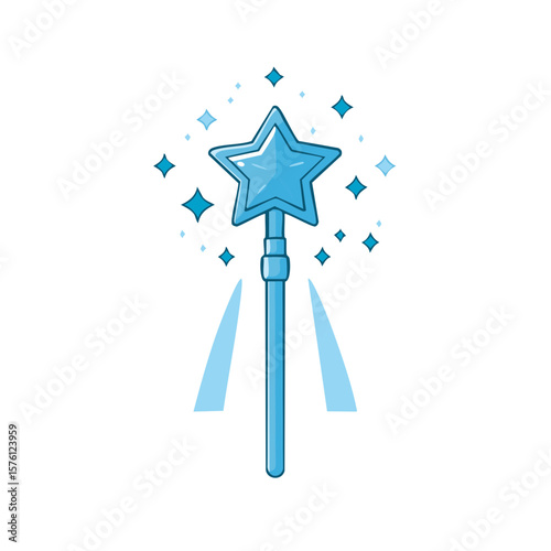 Isolated blue magical star wand surrounded by stars with light beams in a simple flat line art style