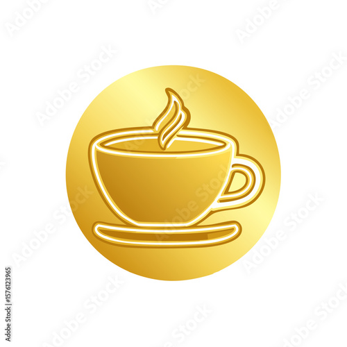 Elegant Gold Coffee Cup Illustration with Steaming Coffee on a Gold Circle Background