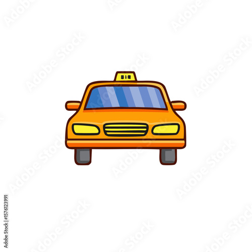 Cartoon taxi car driving, front view. Yellow vehicle on white background. Transportation vector graphic.
