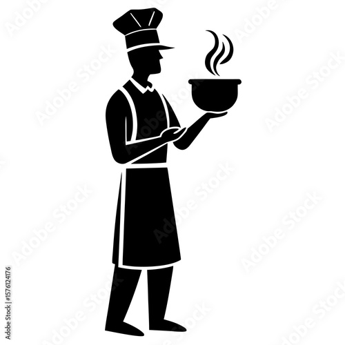 Chef holding steaming bowl cook cooking