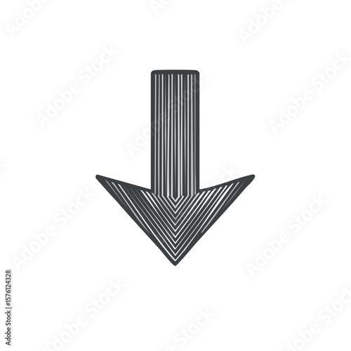 Abstract down arrow symbol, lined graphic pointer pointing downward, directional sign and indication