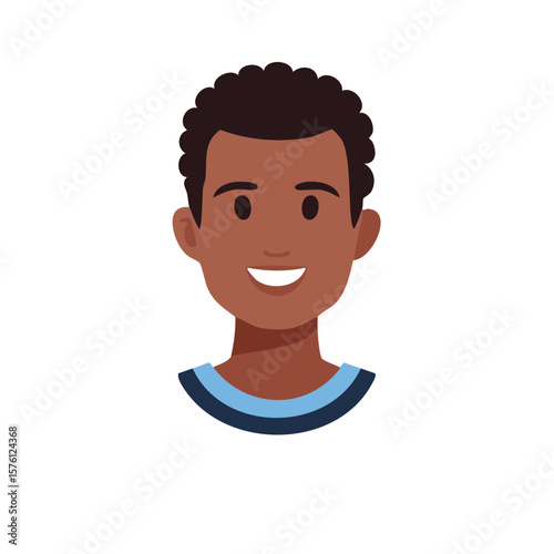 Smiling young adult man cartoon avatar with curly hair, dark complexion and a casual blue shirt graphic