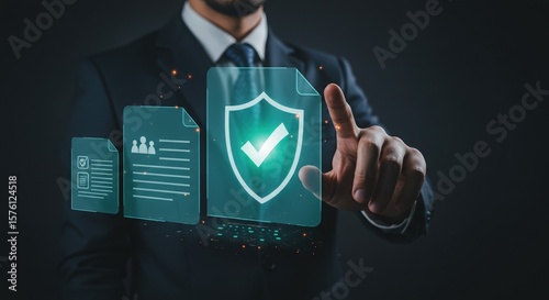 Businessman Interacting with Data Security Shield and Documents, Digital Protection Concept.