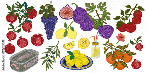 The Dolce Vita collection is a whimsical, detailed collection of colorful elements with textured outlines, inspired by the Mediterranean lifestyle. Sketchy, hand-drawn style. Set