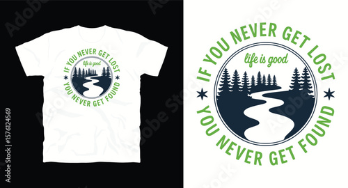 "If you never get lost, you never get found" Explore Adventure typography inspritional graphic t-shirt and apparel design