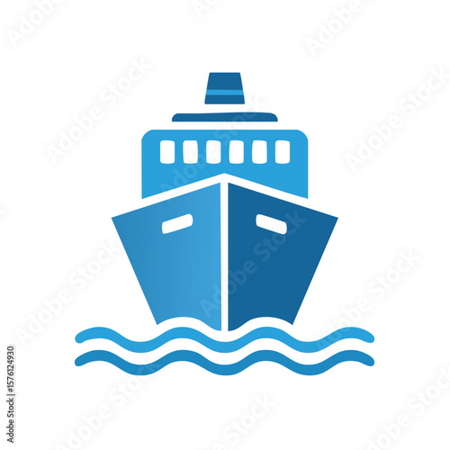 Simple blue cruise ship on wavy ocean waters front view vector illustration