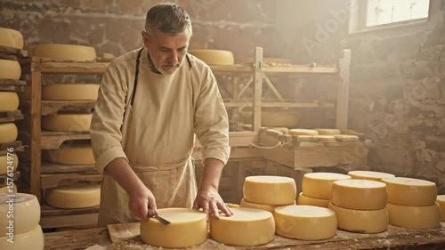 Cheesemaker crafts artisanal cheese in traditional workshop during morning light