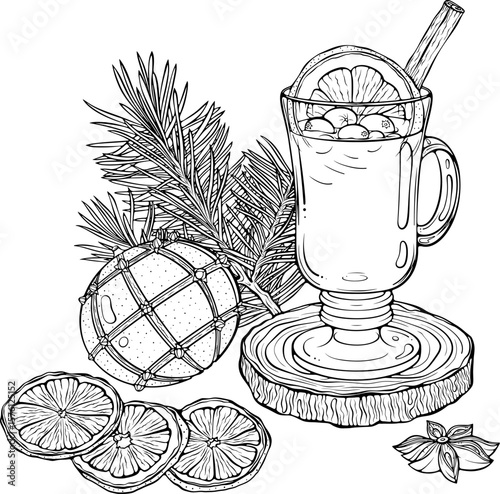 Mulled wine with spices on a wooden coaster. Still life with fir twig, dried oranges, and orange Pomander decorated cloves. Vector illustration in hand drawn sketch style. Line art isolated on white