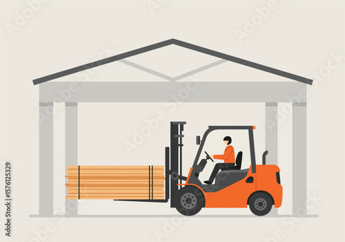 Orange Forklift Truck Lifting Wood Planks with Driver Inside Warehouse.