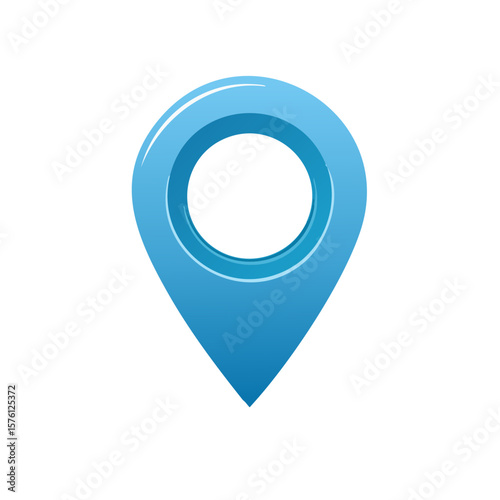 Vivid blue map pin icon marking location; illustration of a navigational marker showing direction for travel applications.