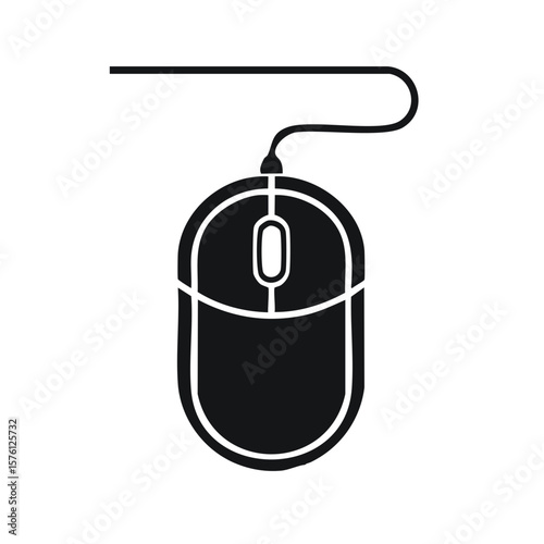 Computer Mouse Icon Simple Black Silhouette with Connected Cord Device