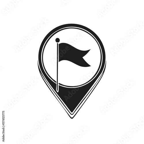 Flag in Map Pin Vector Symbol Icon, Destination Marker Black Silhouette, Achievement Sign, Adventure Graphic