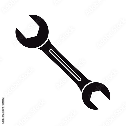 Open end wrench silhouette, industrial tool, spanner for repair or maintenance, tightening loosening bolts or nuts