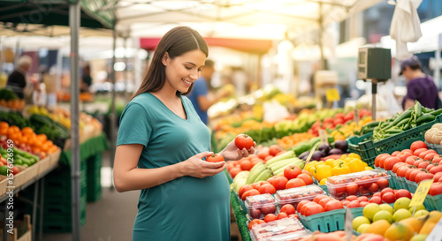 Smiling pregnant woman selects fresh produce at market, embracing healthy eating and maternal wellness.