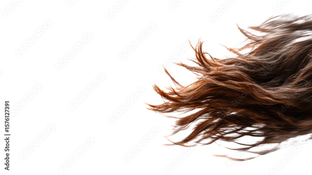 Flowing brown hair in motion against a white isolated background, capturing movement and natural beauty. Flowing brown hair in motion against a white isolated background, capturing movement and natural beauty.
