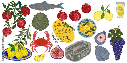 The Dolce Vita collection is a whimsical, detailed collection of colorful elements with textured outlines, inspired by the Mediterranean lifestyle. Sketchy, hand-drawn style. Set