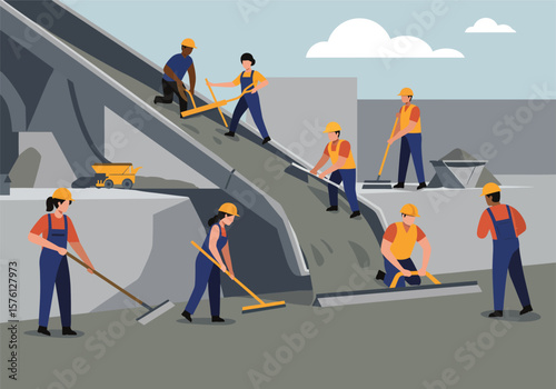 Construction Workers in Uniforms Using Rakes and Tools on Concrete Surface.