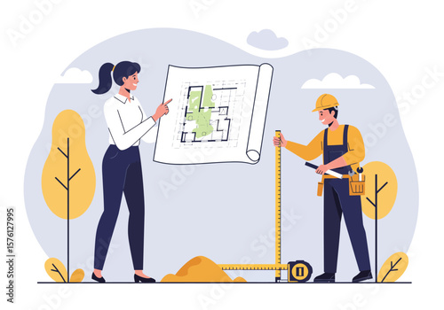 Two people working on a construction plan with a measuring tape.