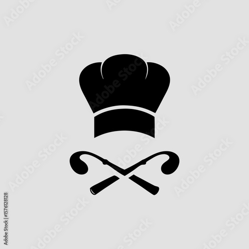 Minimal chef hat logo with crossed cooking utensils, ideal for restaurant branding, culinary business, kitchen services, food blogs, or professional cook identity.