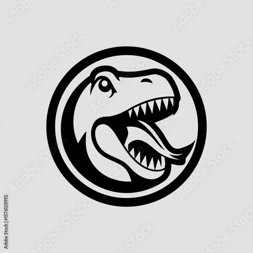 Raptor Dinosaur Head Silhouette with Sharp Teeth inside Circle Frame on Light Background