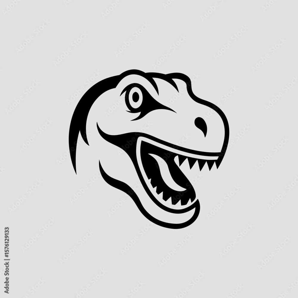 Naklejka premium Black and white dinosaur head vector illustration with open mouth and sharp teeth.
