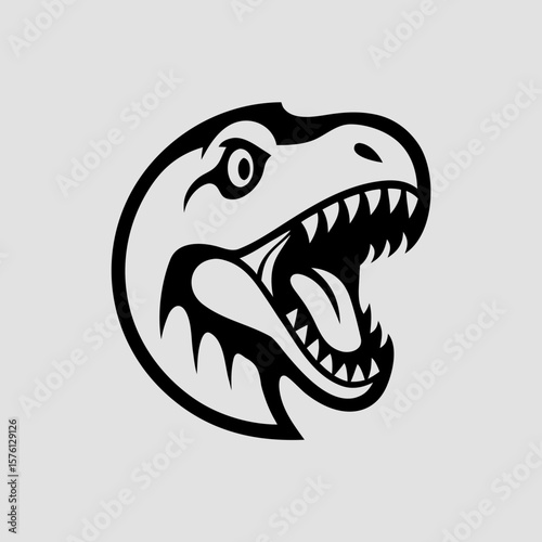 Raptor Dinosaur Head Silhouette with Sharp Teeth inside Circle Frame on Light Background