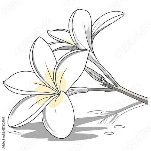 A single perfectly formed pure white plumeria bloom, with its waxy petals and yellow center, exuding tropical beauty.
