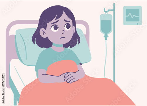 Hospital Bed Scene with Young Girl Patient. Emotional Flat Vector Illustration in Depicting Recovery, Vulnerability, and Hope in a Minimalist Healthcare Setting