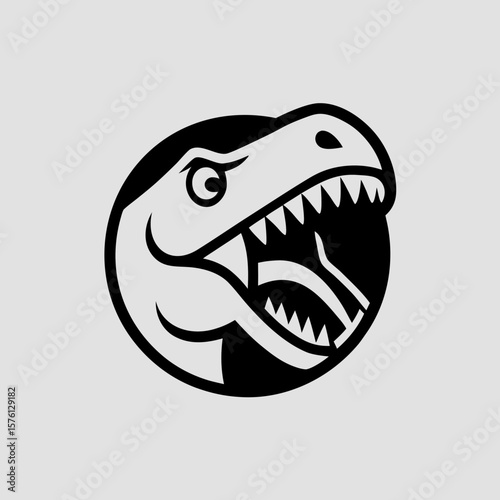 Raptor Dinosaur Head Silhouette with Sharp Teeth inside Circle Frame on Light Background